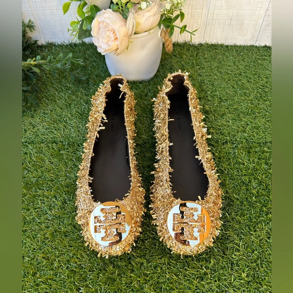 TORY BURCH MINNIE TRAVEL BALLET Color: Gold / Gold WOMEN SIZE 7.5 NEW